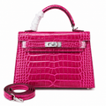 Kelly Sellier 22cm Fuchsia Shiny Crocodile Leather Gold Hardware & Palladium Hardware Women Handbag