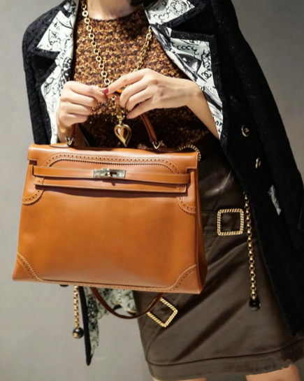 Kelly Sellier Ghillies 28cm Natural Sable Barenia Leather Gold Hardware Women Handbag