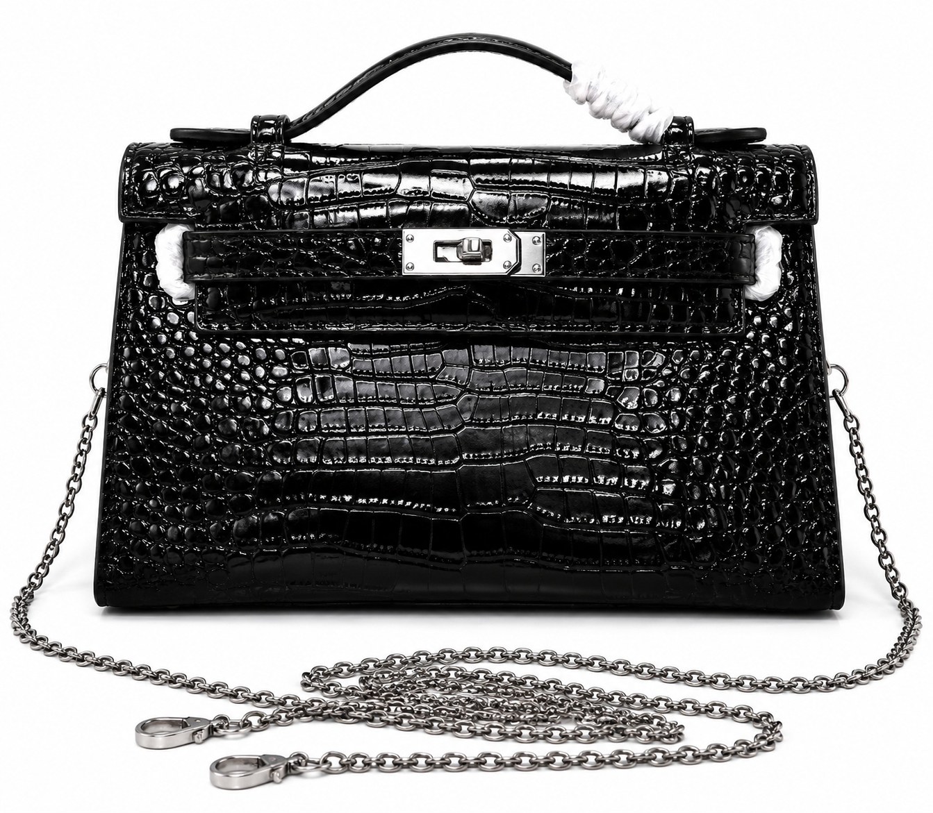 Kelly Pochette Noir Shiny Niloticus Crocodile Leather Palladium Hardware & Palladium Hardware Women Clutch Bag