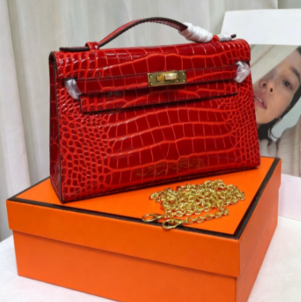 Kelly Pochette Rouge Casa Shiny Niloticus Crocodile Leather Gold Hardware Women Clutch Bag