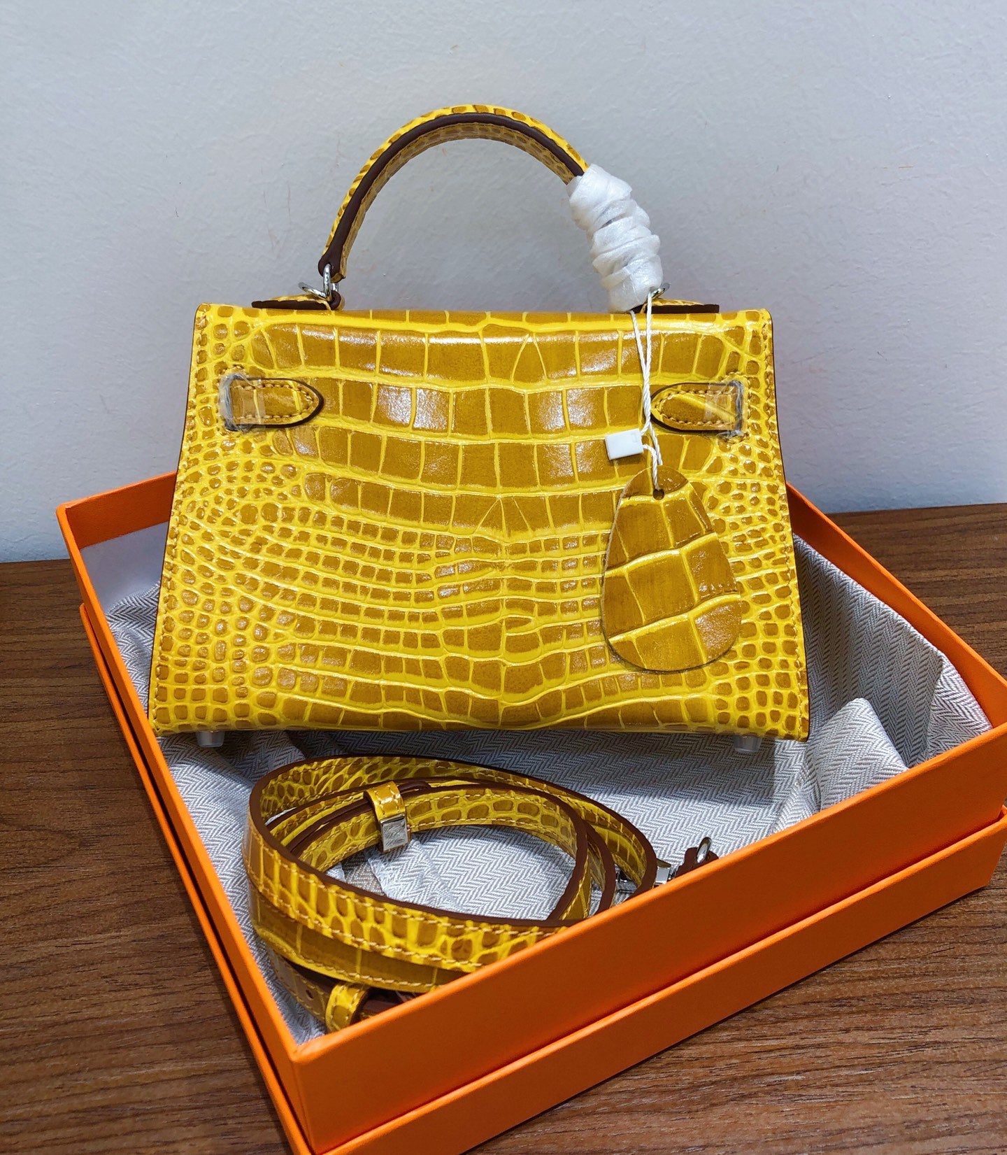 Kelly Sellier 19cm Jaune Ambre Shiny Crocodile Leather Gold Hardware & Palladium Hardware Women Handbag