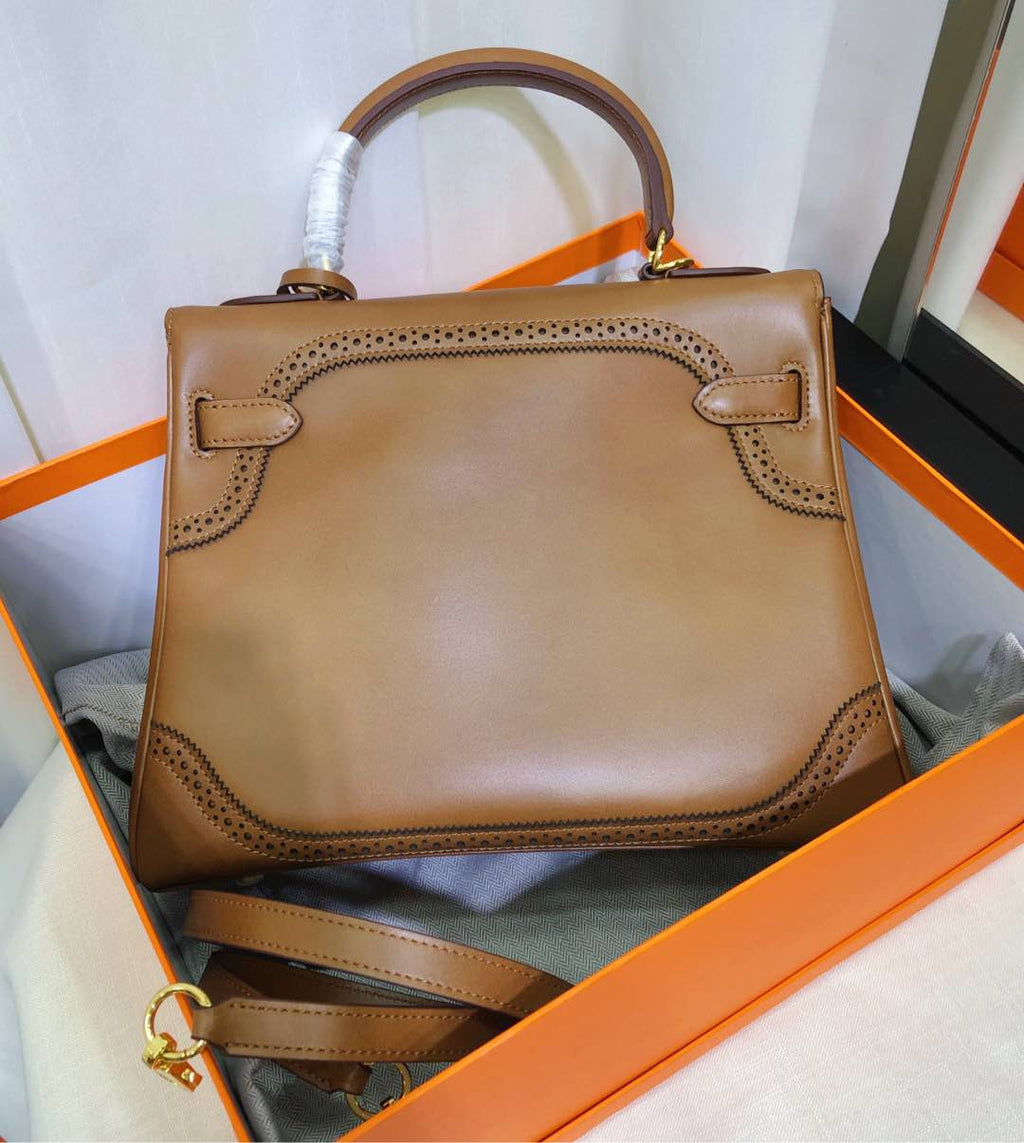 Kelly Sellier Ghillies 28cm Natural Sable Barenia Leather Gold Hardware Women Handbag