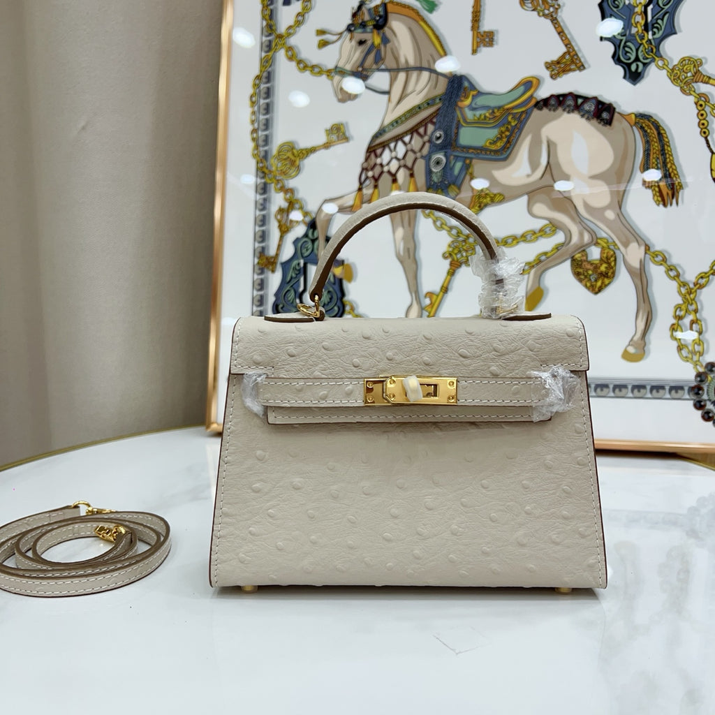 Mini Kelly II 19cm Sellier Craie Ostrich Gold Hardware Premium Women Daily Handbag