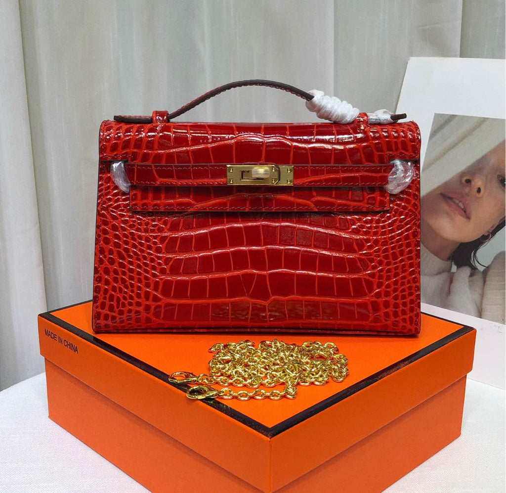 Kelly Pochette Rouge Casa Shiny Niloticus Crocodile Leather Gold Hardware Women Clutch Bag