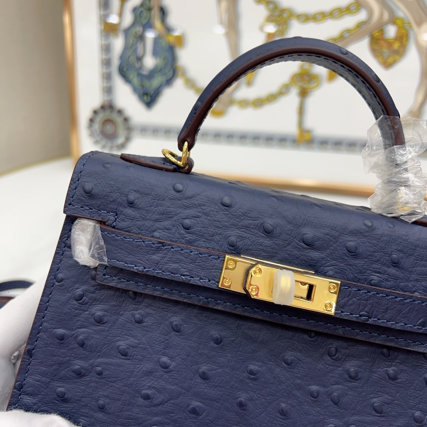 Mini Kelly Sellier 19cm Bleu Nuit Ostrich Leather Gold Hardware Women Mini Handbag
