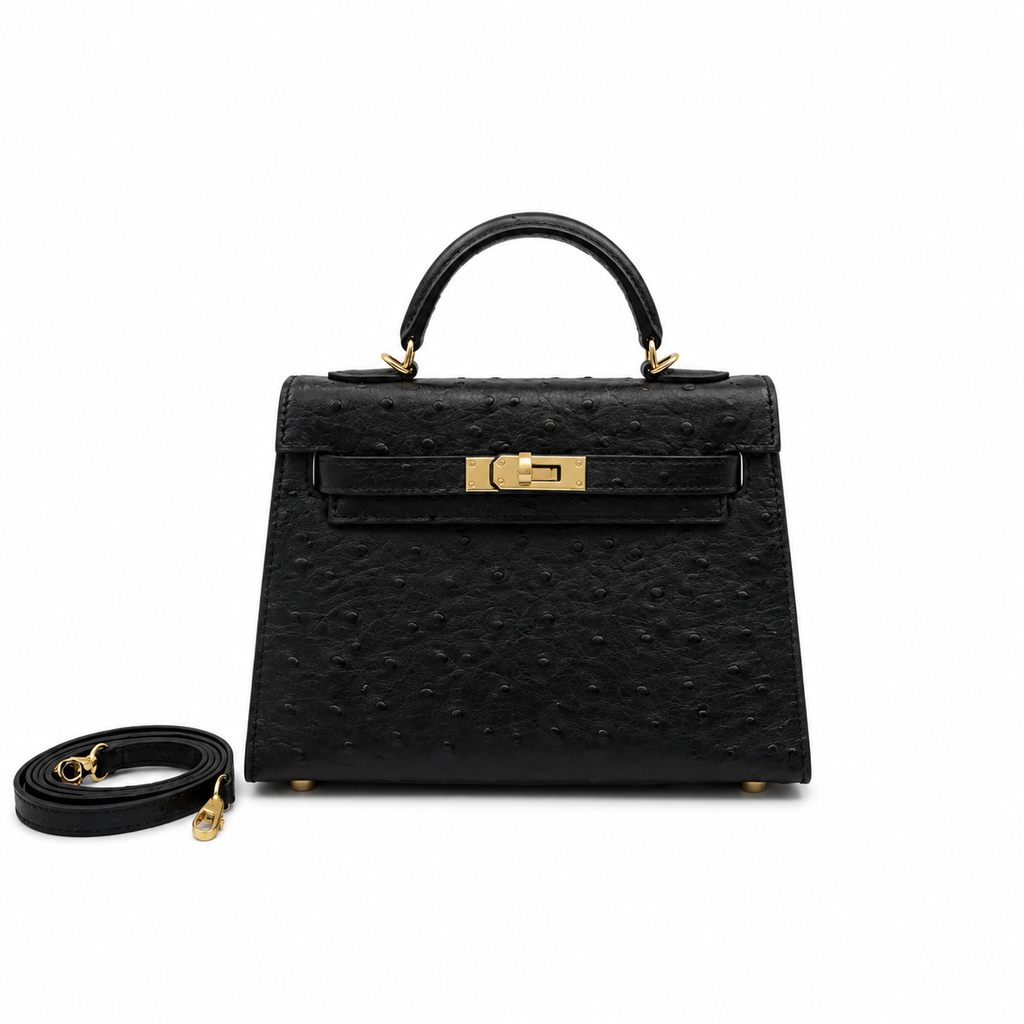 Mini Kelly Sellier 19cm Noir Ostrich Leather Gold Hardware Women Mini Handbag