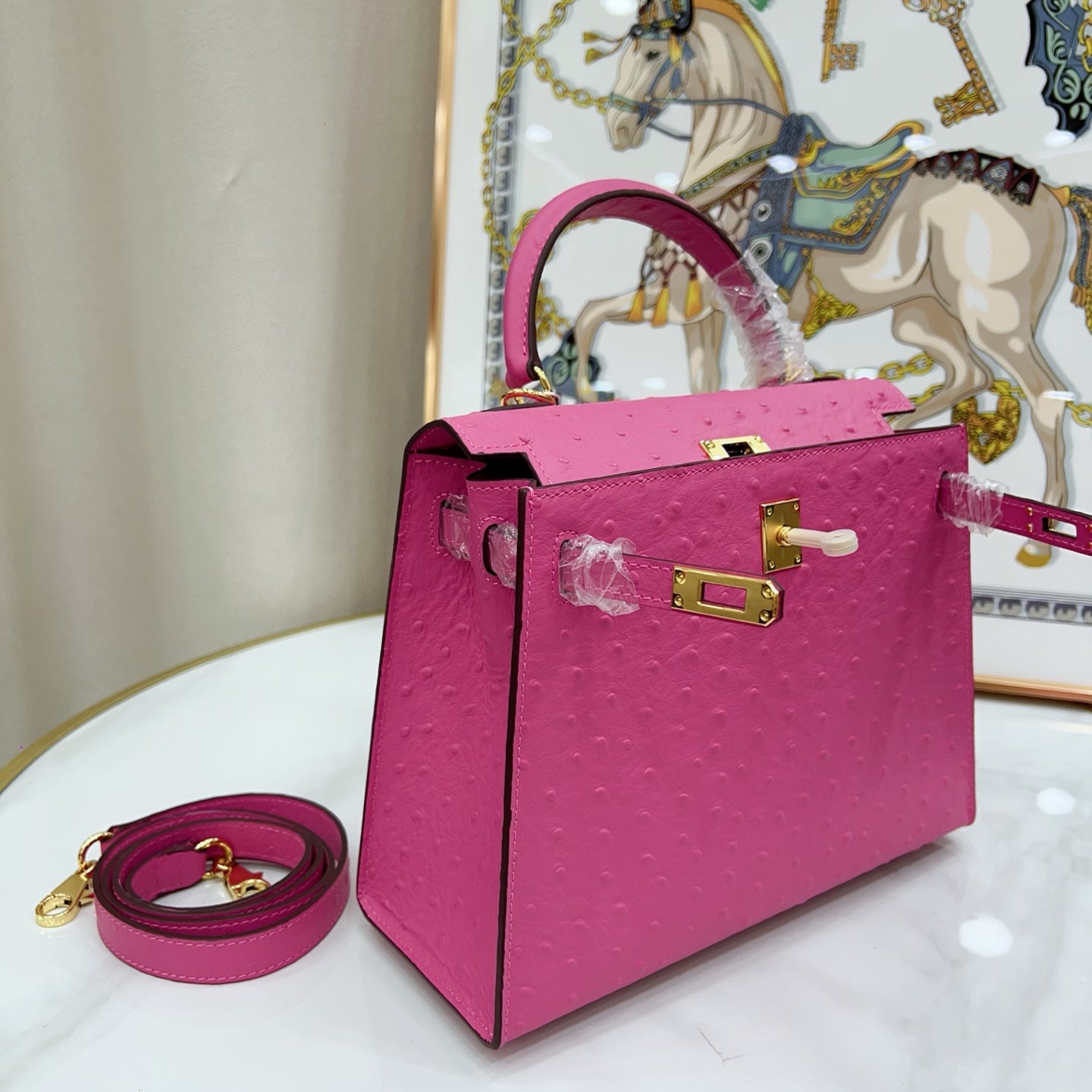 Kelly Sellier 25cm Rose Tyrien Ostrich Gold Hardware Designer Crossbody Tote