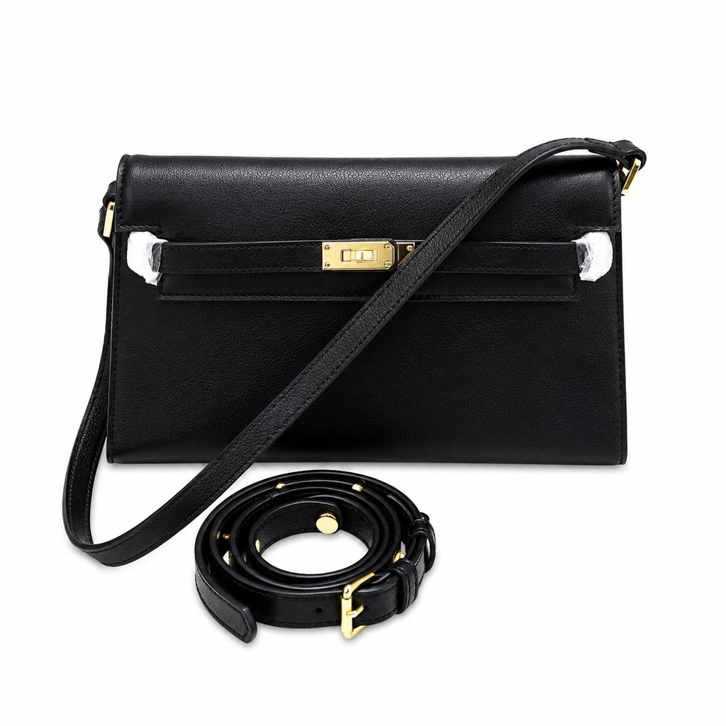 Kelly Elan 25 Underarm Baguette Bag, Genuine Top Layer Cowhide with Glossy Goat Grain, Gold Hardware Black Shoulder Handbag, Spacious Capacity Casual Versatile Daily Purse Size 25×6.5×15cm