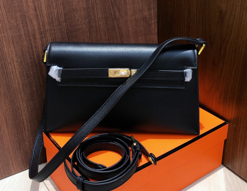 Kelly Elan 25 Underarm Baguette Bag, Genuine Top Layer Cowhide with Glossy Goat Grain, Gold Hardware Black Shoulder Handbag, Spacious Capacity Casual Versatile Daily Purse Size 25×6.5×15cm