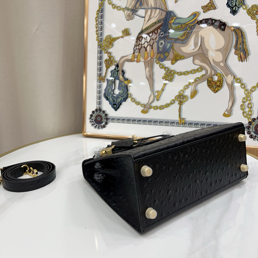 Kelly Sellier 25cm Noir Black Ostrich Gold Hardware Designer Shoulder Tote