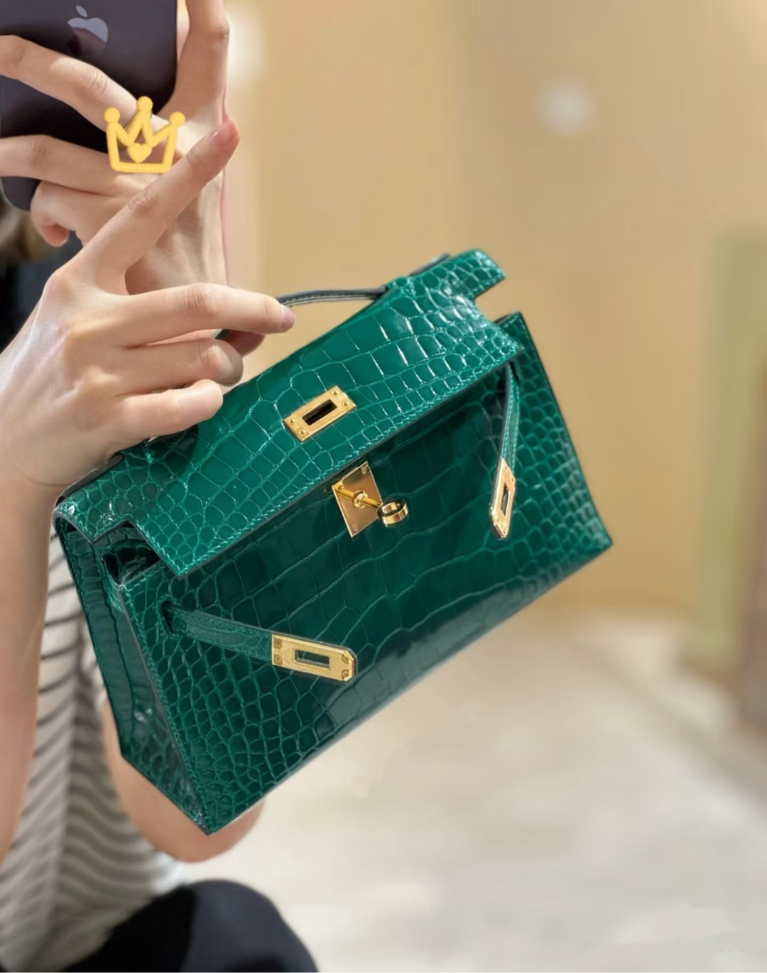 Kelly Pochette Vert Emeraude Shiny Niloticus Crocodile Leather Gold Hardware Women Clutch Bag