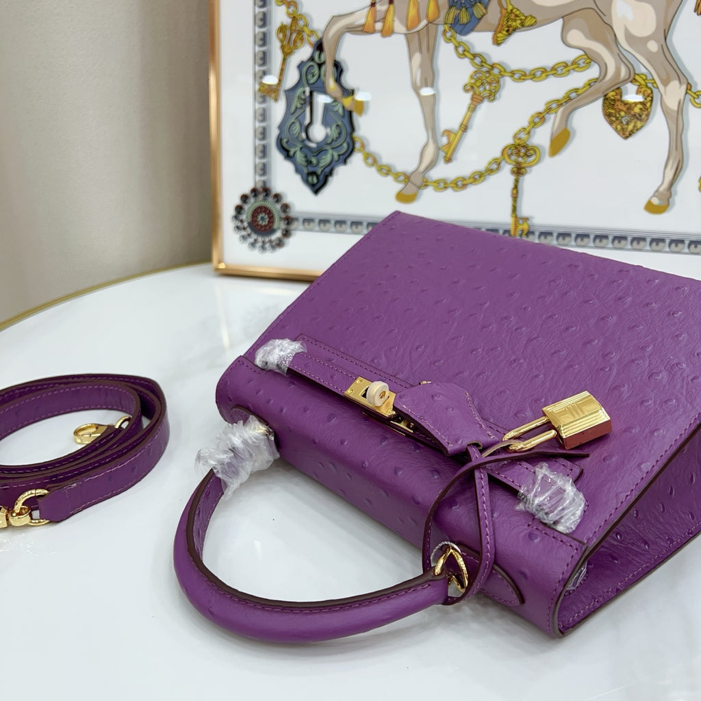 Kelly Sellier 25cm Violine Ostrich Gold Hardware Luxury Commute Handbag