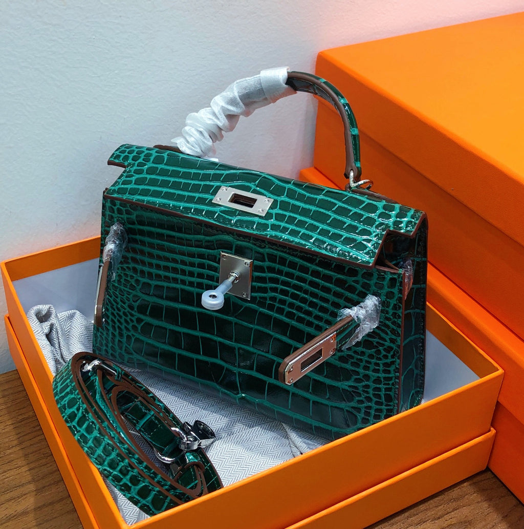 Kelly Sellier 19cm Vert Emeraude Shiny Crocodile Leather Gold Hardware & Palladium Hardware Women Handbag