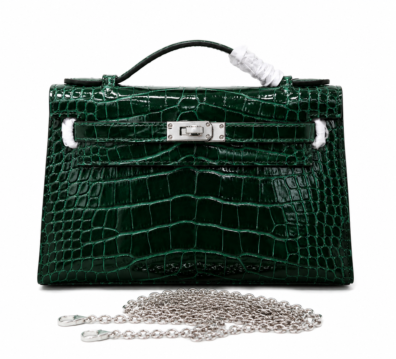 Kelly Pochette Vert Emeraude Shiny Niloticus Crocodile Leather Palladium Hardware Women Clutch Bag