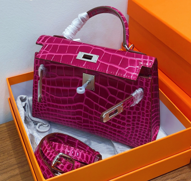 Kelly Sellier 19cm Fuchsia Shiny Crocodile Leather Gold Hardware & Palladium Hardware Women Handbag