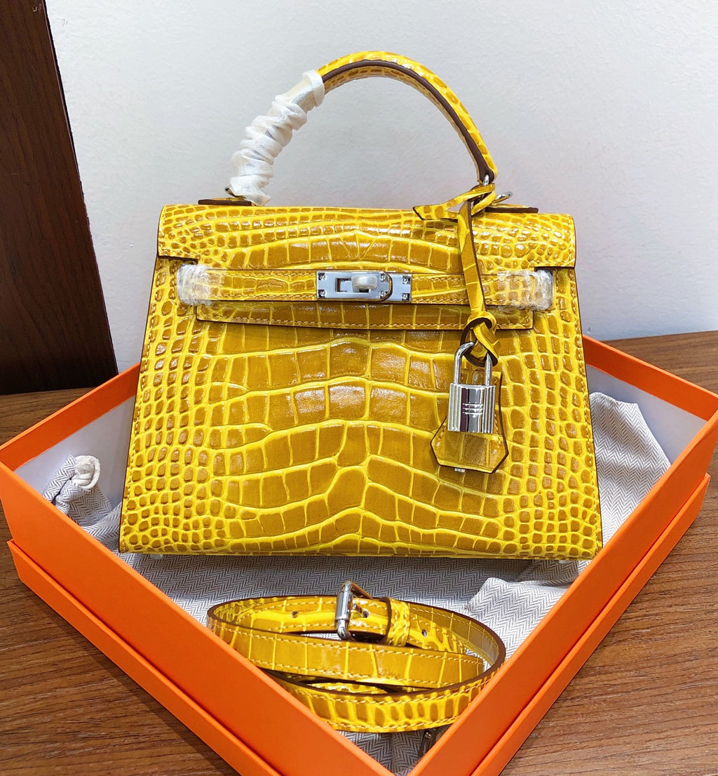 Kelly Sellier 22cm Jaune Ambre Shiny Crocodile Leather Gold Hardware & Palladium Hardware Women Handbag